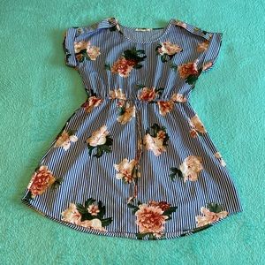 Blue & White striped & Floral Short Dress